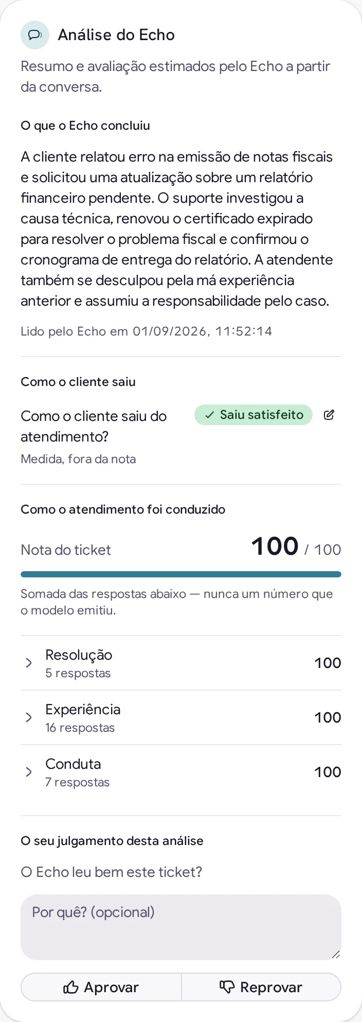 Análise real de um ticket no Echo: resumo, cliente saiu satisfeito, nota 100 de 100 somada das respostas de Resolução, Experiência e Conduta, e espaço para o julgamento humano.