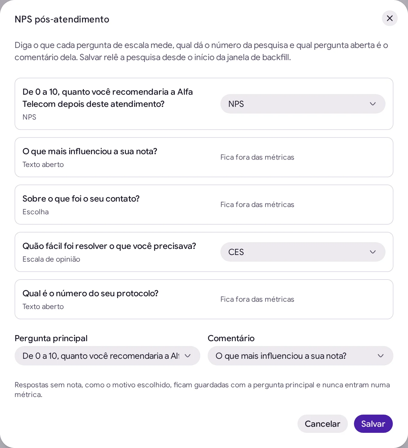 Tela do Echo onde cada pergunta de um formulário do Typeform recebe o que mede, NPS, CSAT ou CES, e a pergunta principal é marcada.