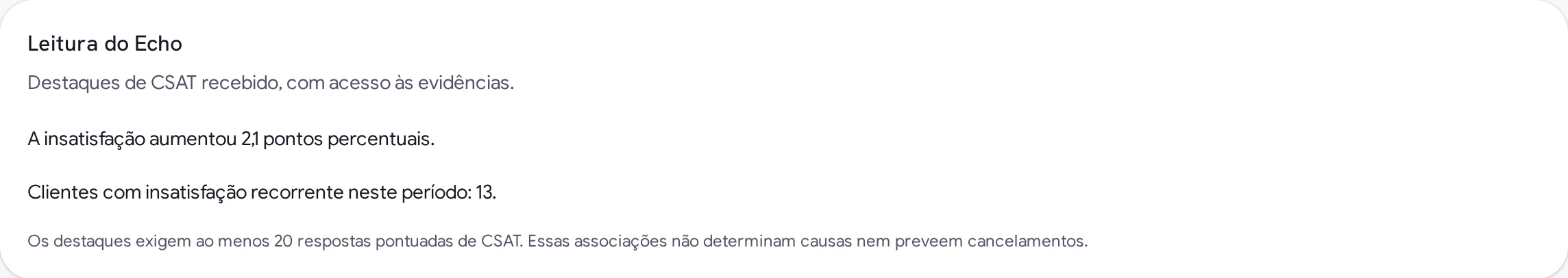 Leitura do Echo com destaques do CSAT recebido e aviso de que as associações exigem um mínimo de respostas e não determinam causas nem preveem cancelamentos.