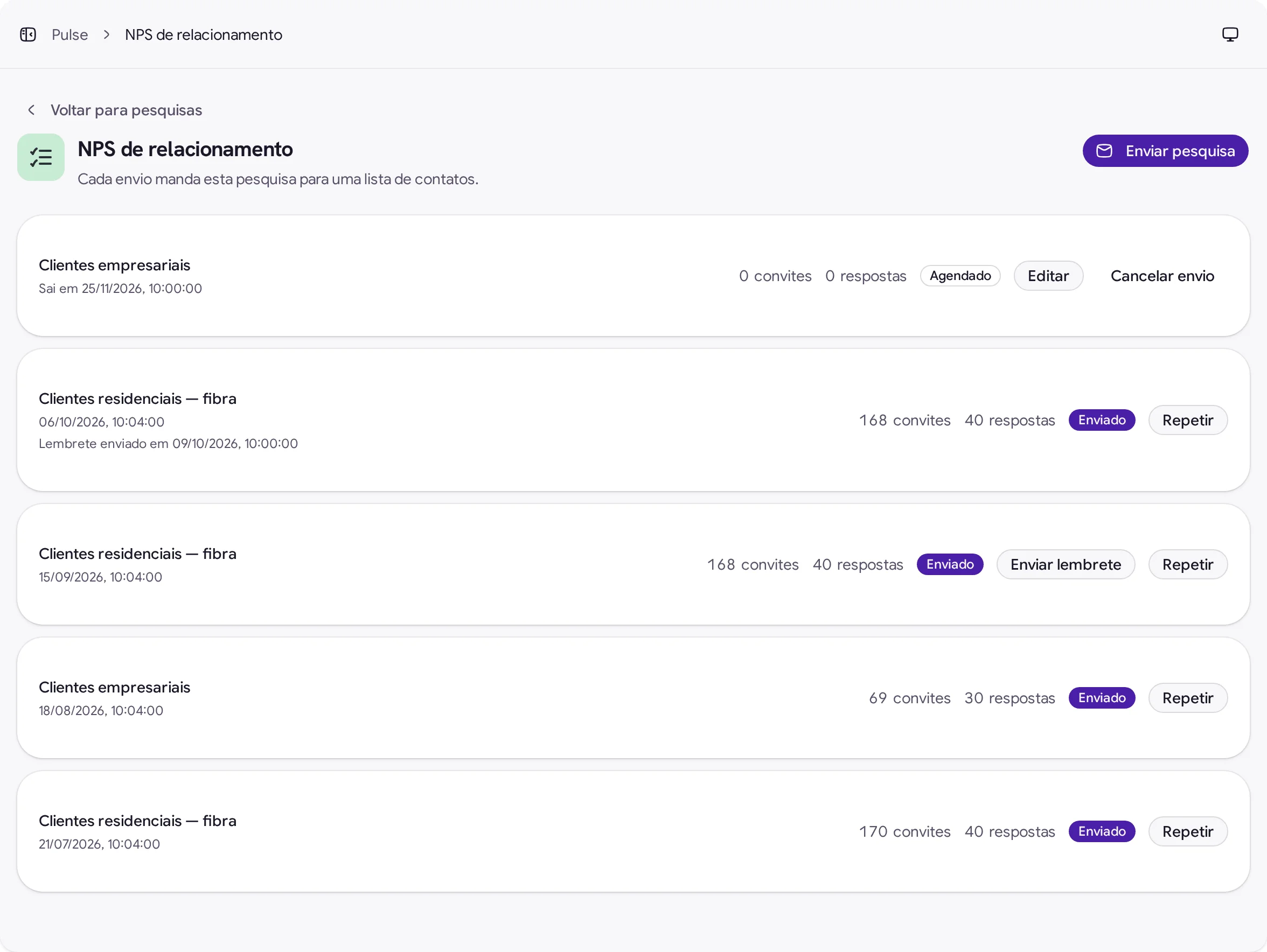 Tela de envio do Pulse com a lista escolhida, o total de destinatários e as opções de enviar agora ou agendar.