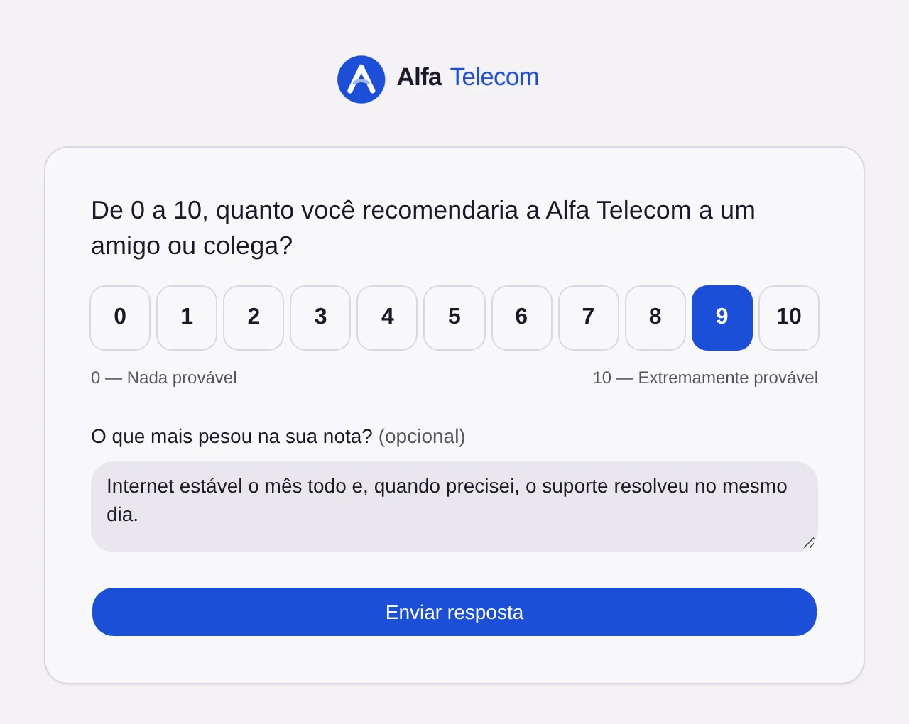 Página pública de resposta do Pulse, com a nota escolhida marcada e um campo de comentário.